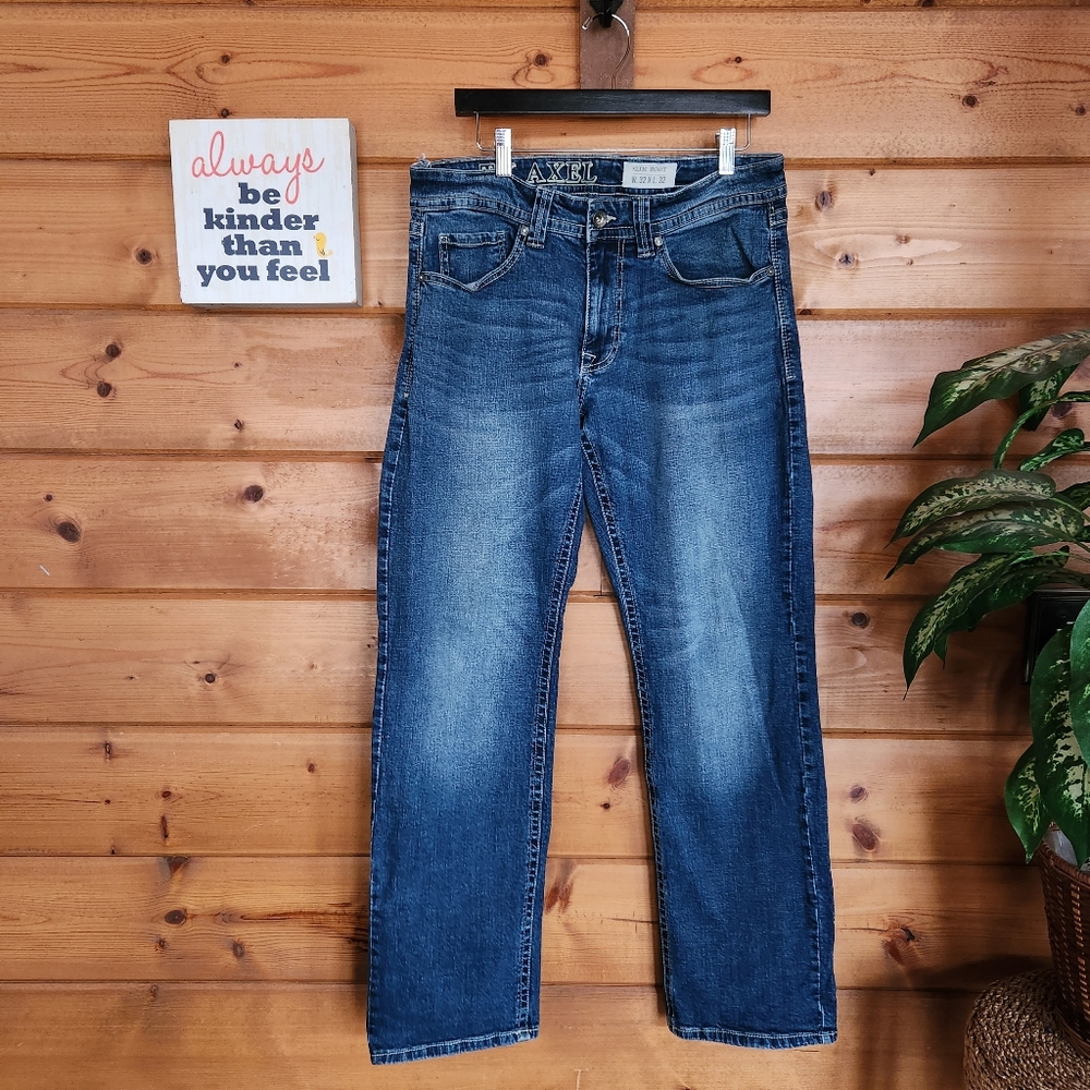 TK Axel 💙 Slim Boot Cut Jeans Stone Wash‎ Denim Stretch Embroidered Sz 32 X 32"